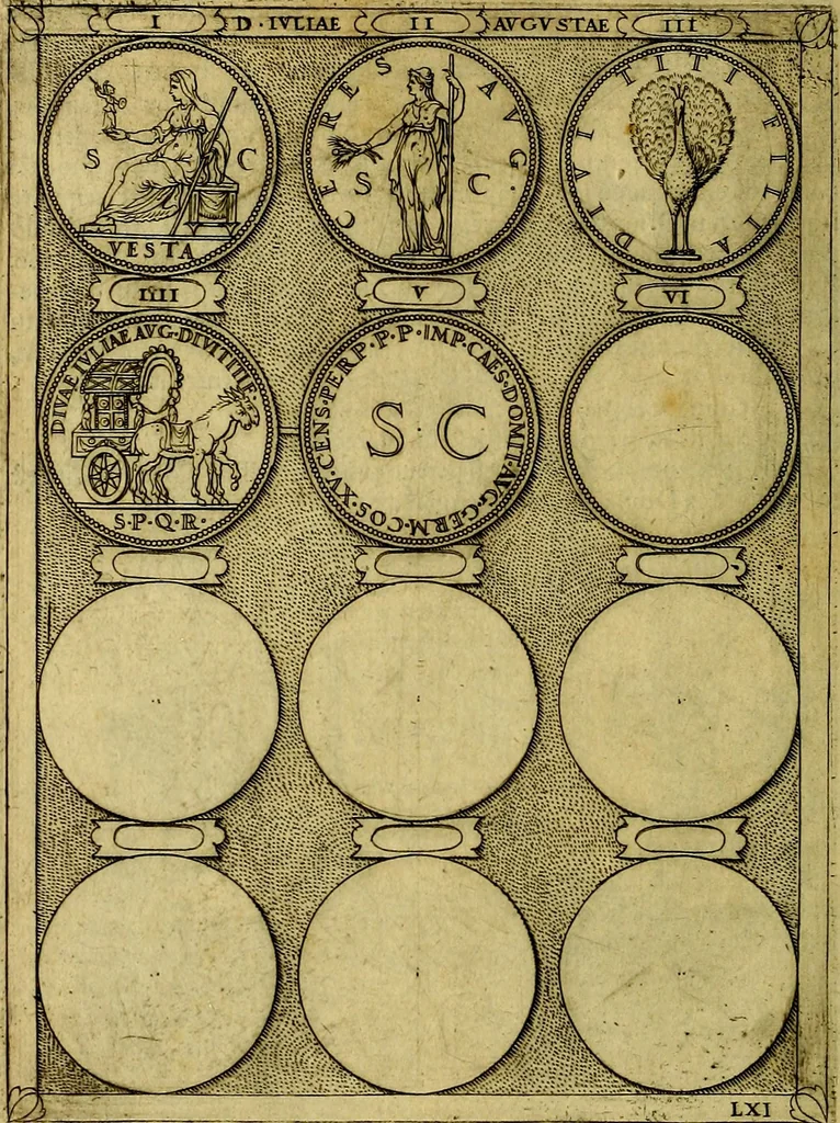 An illustration from Avgvstarvm imagines aereis formis expressae : vitae quoque carundem breuiter enarratae, signorum etiam, quae in posteriori parte numismatũ efficta sũt, ratio explicata, 1558, leaf 207