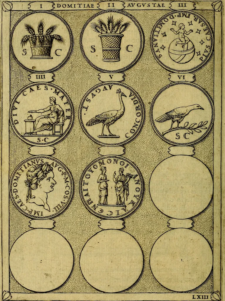 An illustration from Avgvstarvm imagines aereis formis expressae : vitae quoque carundem breuiter enarratae, signorum etiam, quae in posteriori parte numismatũ efficta sũt, ratio explicata, 1558, leaf 213