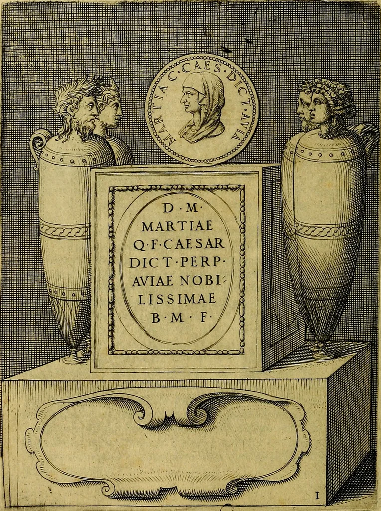 An illustration from Avgvstarvm imagines aereis formis expressae : vitae quoque carundem breuiter enarratae, signorum etiam, quae in posteriori parte numismatũ efficta sũt, ratio explicata, 1558, leaf 23