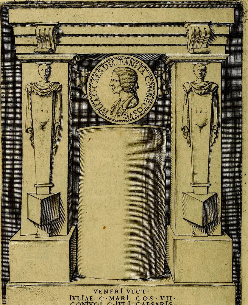 An illustration from Avgvstarvm imagines aereis formis expressae : vitae quoque carundem breuiter enarratae, signorum etiam, quae in posteriori parte numismatũ efficta sũt, ratio explicata, 1558, leaf 25