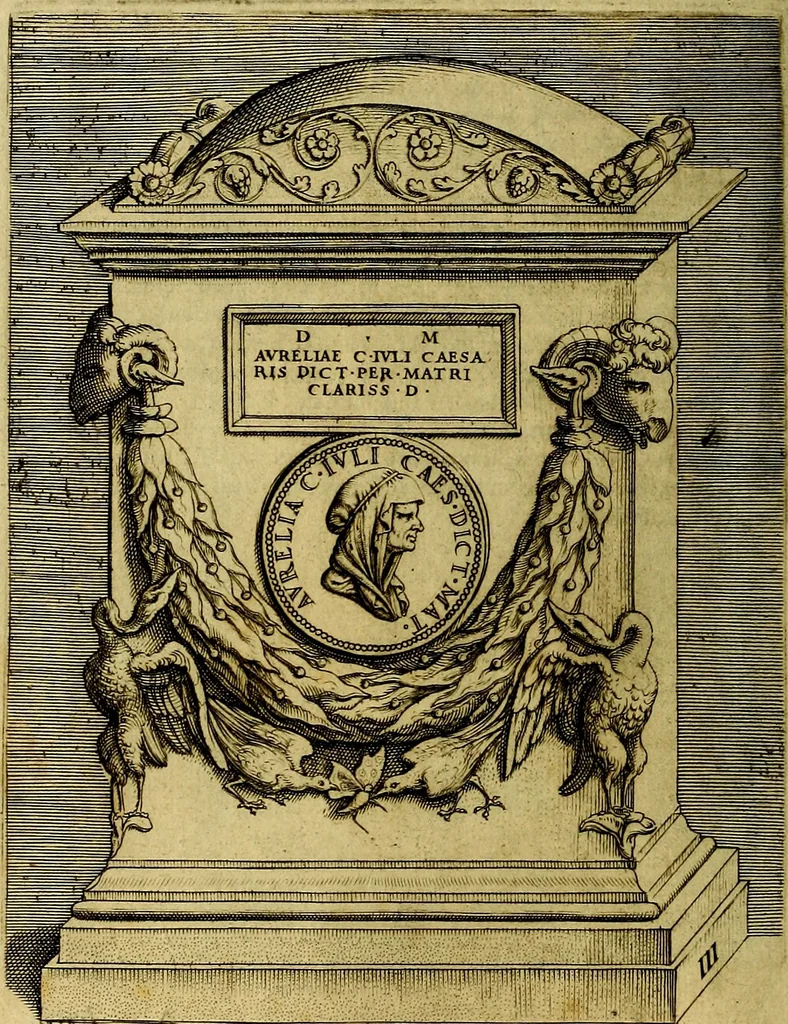 An illustration from Avgvstarvm imagines aereis formis expressae : vitae quoque carundem breuiter enarratae, signorum etiam, quae in posteriori parte numismatũ efficta sũt, ratio explicata, 1558, leaf 27