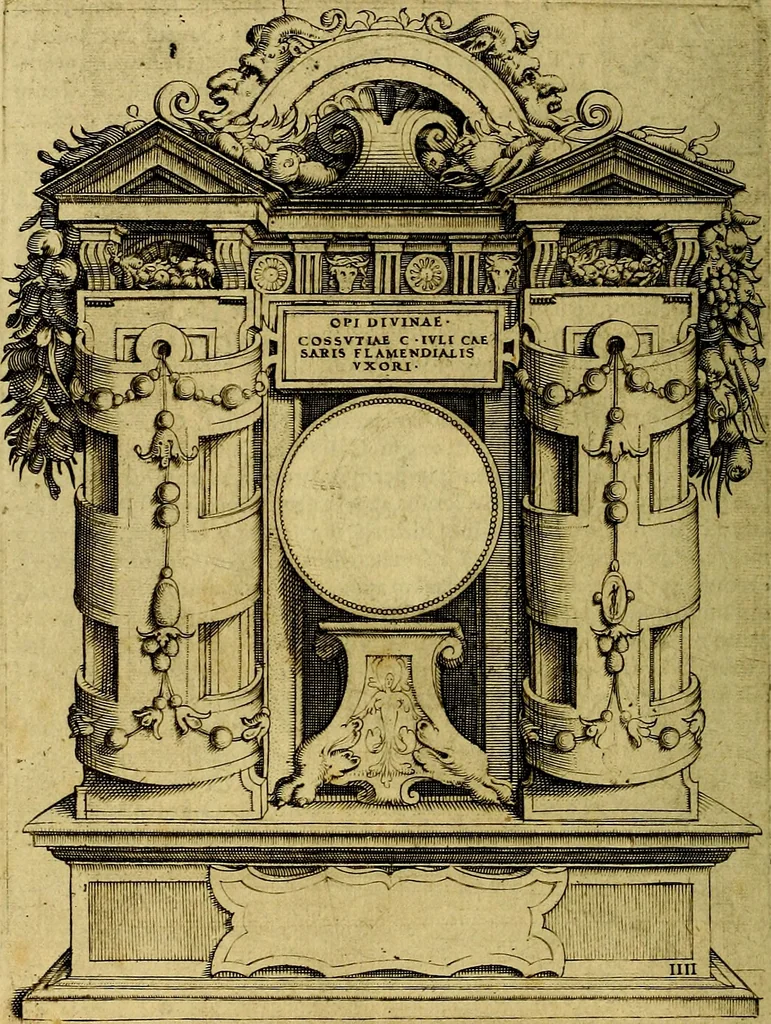 An illustration from Avgvstarvm imagines aereis formis expressae : vitae quoque carundem breuiter enarratae, signorum etiam, quae in posteriori parte numismatũ efficta sũt, ratio explicata, 1558, leaf 29