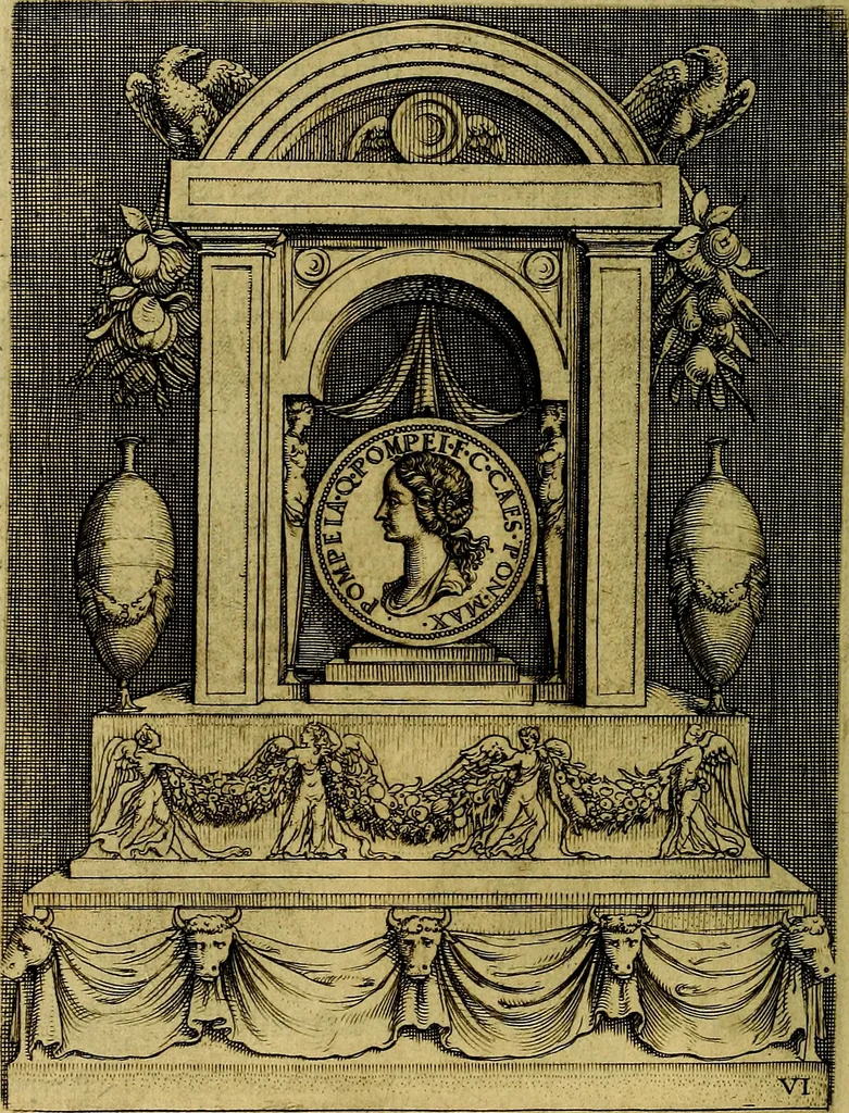 An illustration from Avgvstarvm imagines aereis formis expressae : vitae quoque carundem breuiter enarratae, signorum etiam, quae in posteriori parte numismatũ efficta sũt, ratio explicata, 1558, leaf 33