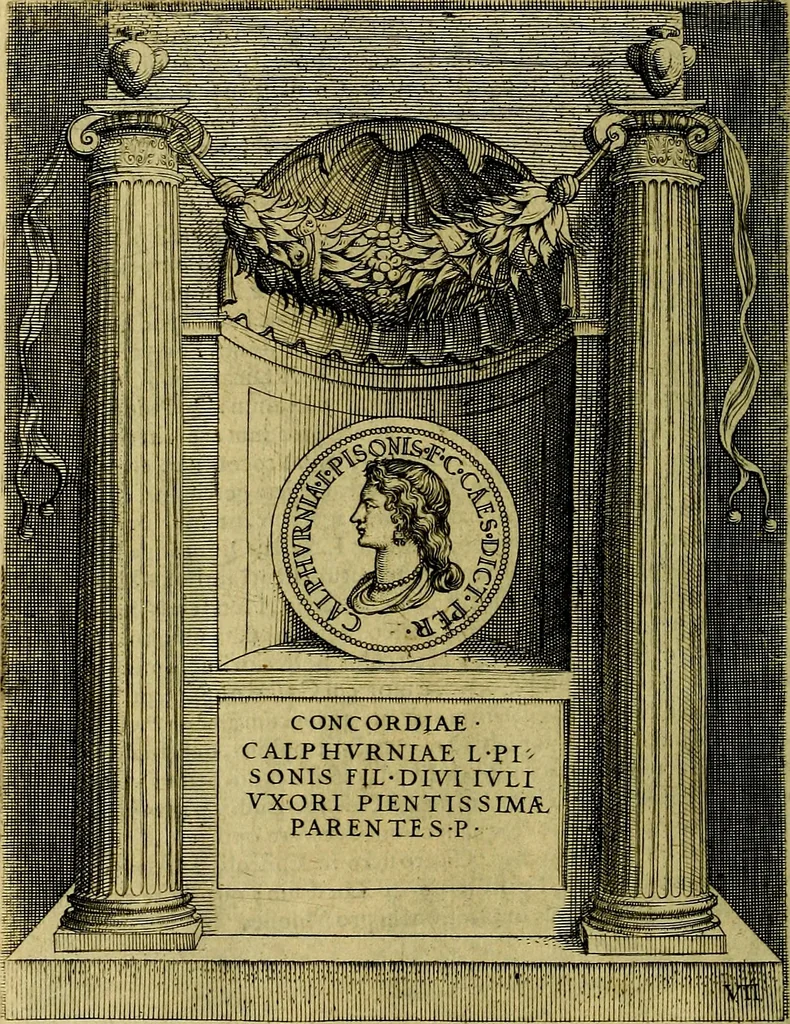 An illustration from Avgvstarvm imagines aereis formis expressae : vitae quoque carundem breuiter enarratae, signorum etiam, quae in posteriori parte numismatũ efficta sũt, ratio explicata, 1558, leaf 35