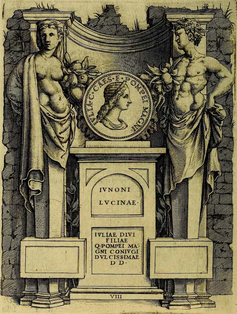 An illustration from Avgvstarvm imagines aereis formis expressae : vitae quoque carundem breuiter enarratae, signorum etiam, quae in posteriori parte numismatũ efficta sũt, ratio explicata, 1558, leaf 37
