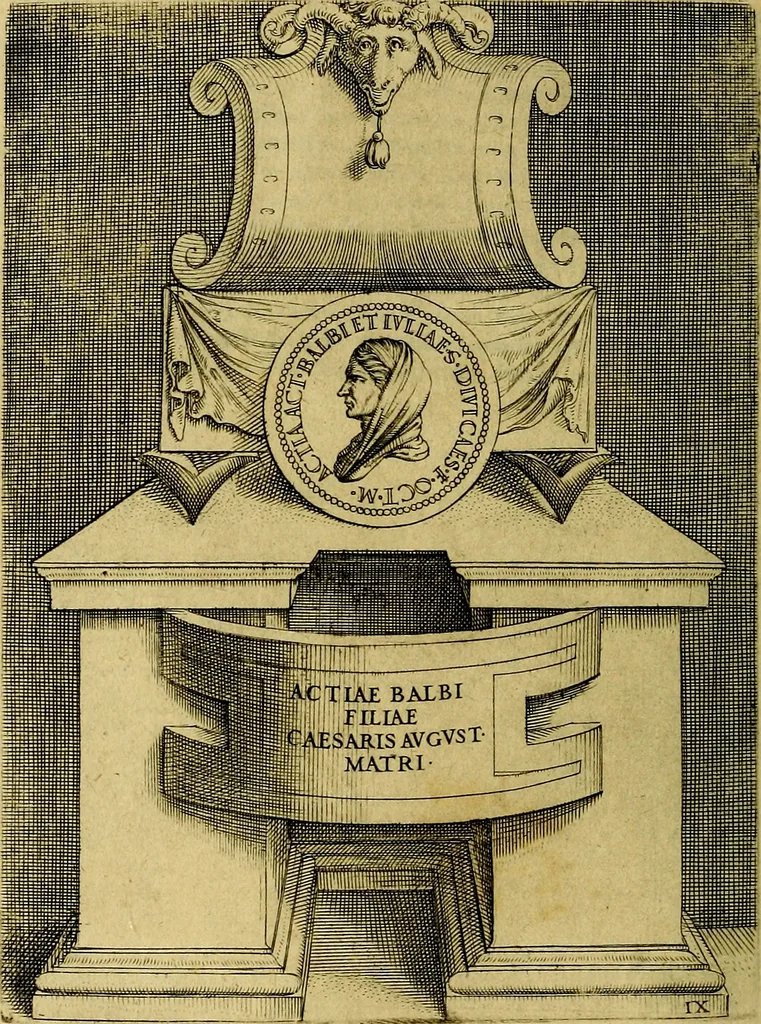 An illustration from Avgvstarvm imagines aereis formis expressae : vitae quoque carundem breuiter enarratae, signorum etiam, quae in posteriori parte numismatũ efficta sũt, ratio explicata, 1558, leaf 41