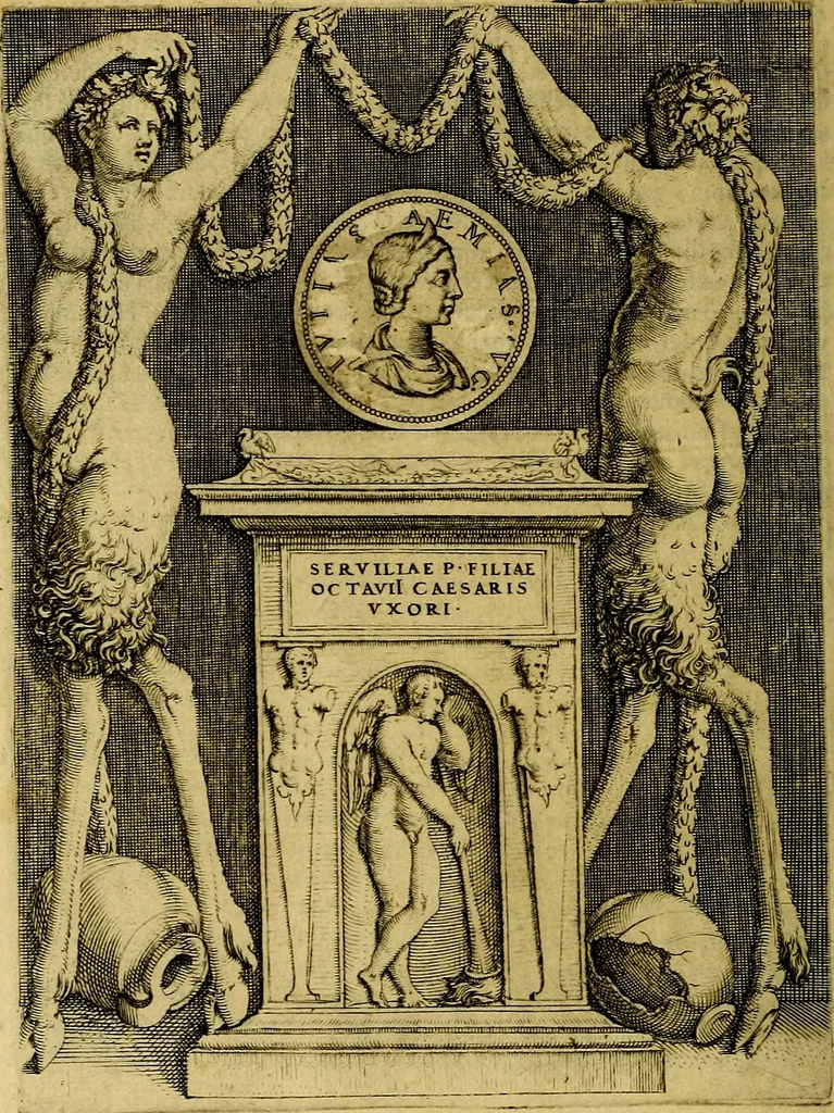 An illustration from Avgvstarvm imagines aereis formis expressae : vitae quoque carundem breuiter enarratae, signorum etiam, quae in posteriori parte numismatũ efficta sũt, ratio explicata, 1558, leaf 49