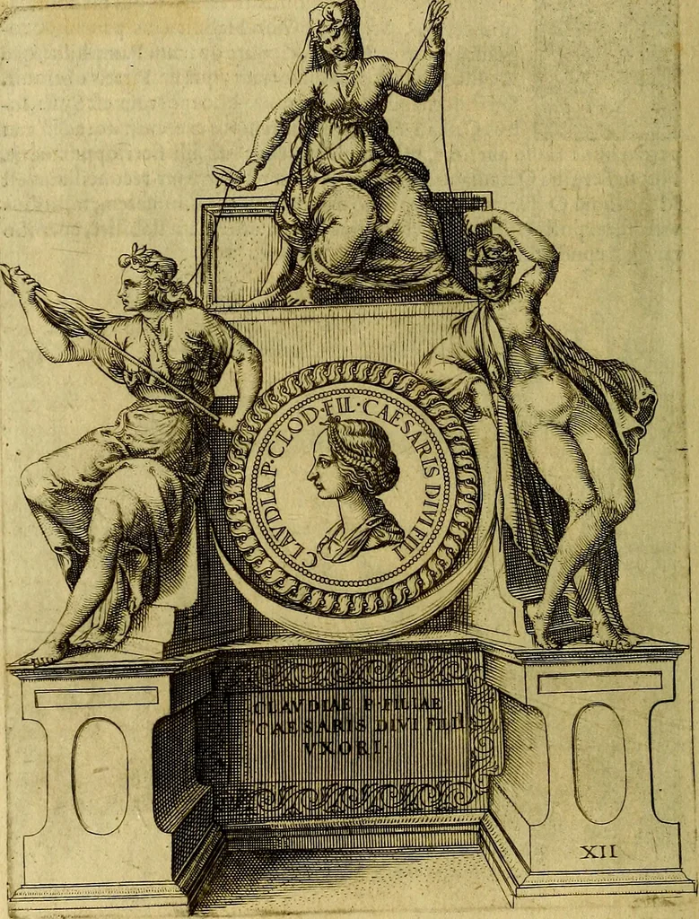 An illustration from Avgvstarvm imagines aereis formis expressae : vitae quoque carundem breuiter enarratae, signorum etiam, quae in posteriori parte numismatũ efficta sũt, ratio explicata, 1558, leaf 51