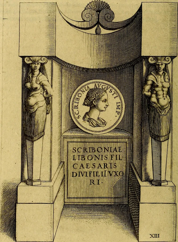 An illustration from Avgvstarvm imagines aereis formis expressae : vitae quoque carundem breuiter enarratae, signorum etiam, quae in posteriori parte numismatũ efficta sũt, ratio explicata, 1558, leaf 55