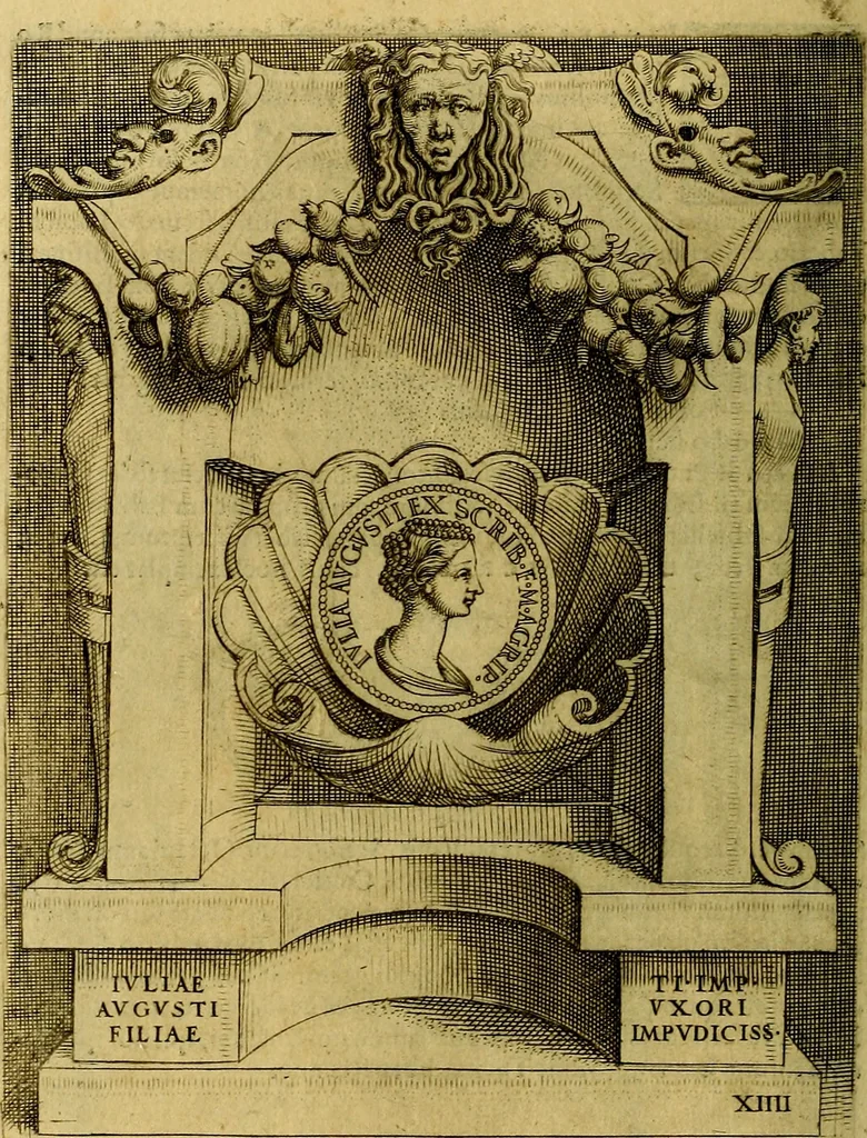 An illustration from Avgvstarvm imagines aereis formis expressae : vitae quoque carundem breuiter enarratae, signorum etiam, quae in posteriori parte numismatũ efficta sũt, ratio explicata, 1558, leaf 57