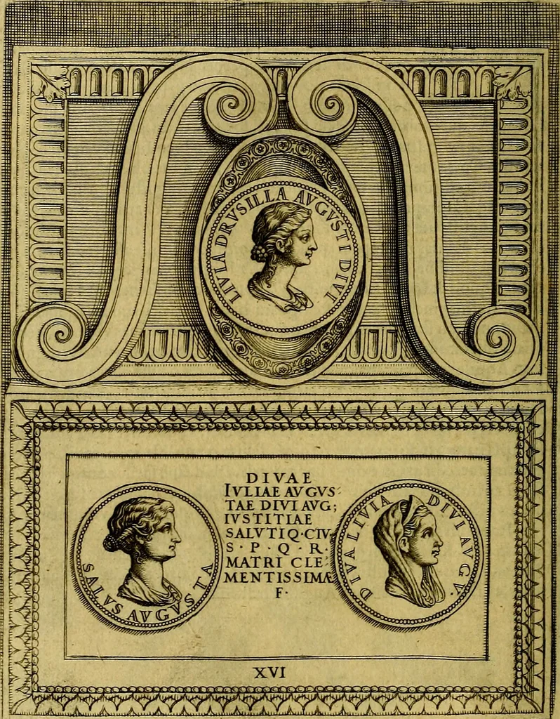 An illustration from Avgvstarvm imagines aereis formis expressae : vitae quoque carundem breuiter enarratae, signorum etiam, quae in posteriori parte numismatũ efficta sũt, ratio explicata, 1558, leaf 65
