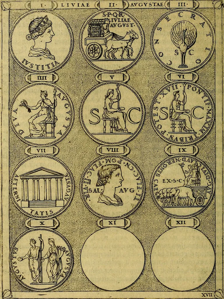 An illustration from Avgvstarvm imagines aereis formis expressae : vitae quoque carundem breuiter enarratae, signorum etiam, quae in posteriori parte numismatũ efficta sũt, ratio explicata, 1558, leaf 71