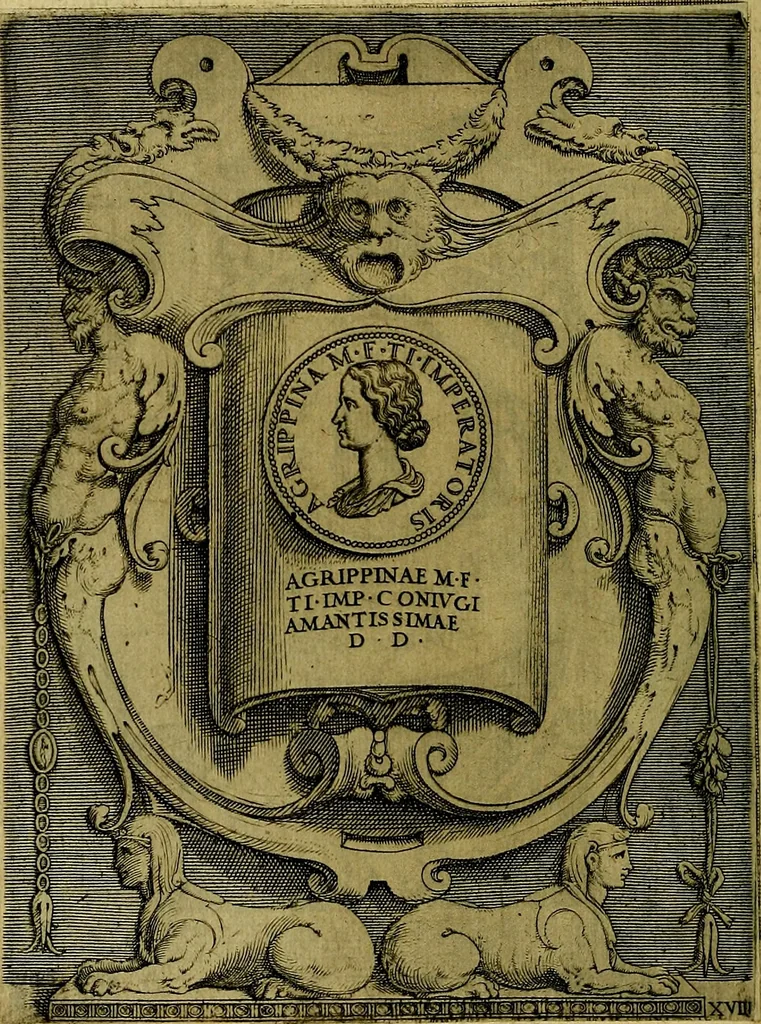An illustration from Avgvstarvm imagines aereis formis expressae : vitae quoque carundem breuiter enarratae, signorum etiam, quae in posteriori parte numismatũ efficta sũt, ratio explicata, 1558, leaf 79