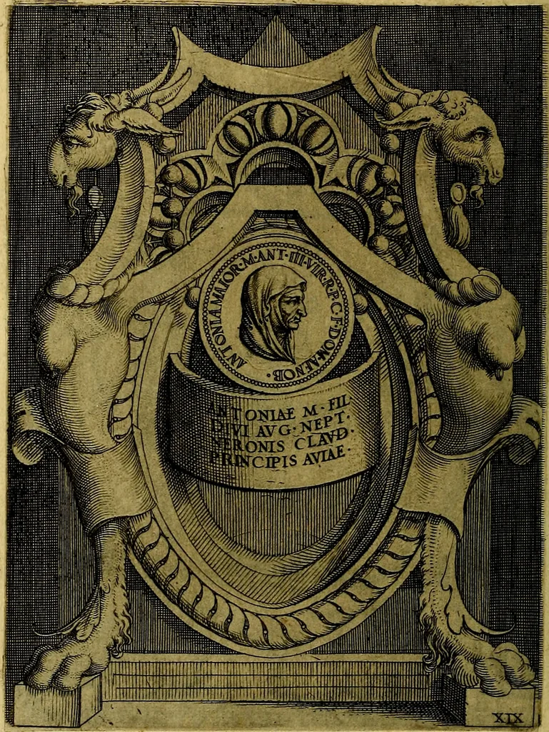 An illustration from Avgvstarvm imagines aereis formis expressae : vitae quoque carundem breuiter enarratae, signorum etiam, quae in posteriori parte numismatũ efficta sũt, ratio explicata, 1558, leaf 81