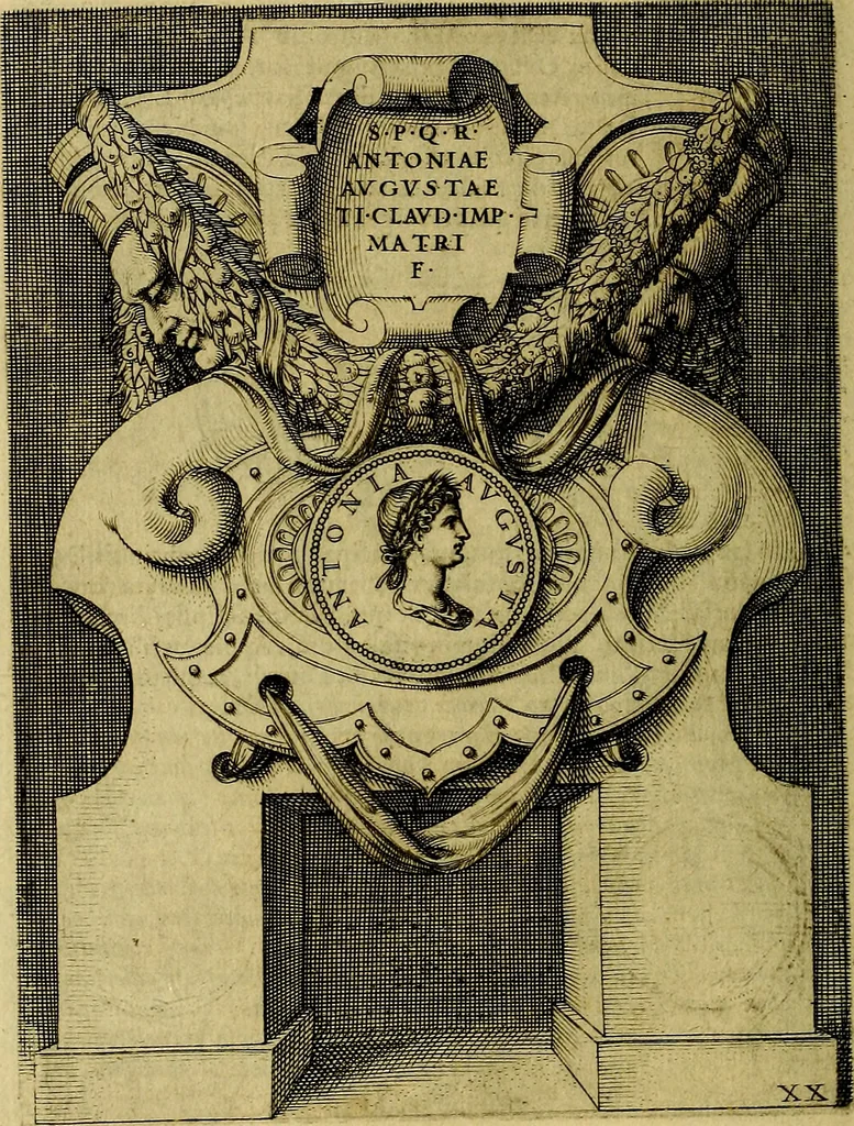 An illustration from Avgvstarvm imagines aereis formis expressae : vitae quoque carundem breuiter enarratae, signorum etiam, quae in posteriori parte numismatũ efficta sũt, ratio explicata, 1558, leaf 83