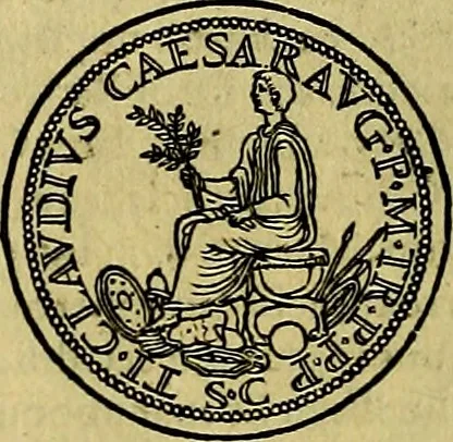 An illustration from Avgvstarvm imagines aereis formis expressae : vitae quoque carundem breuiter enarratae, signorum etiam, quae in posteriori parte numismatũ efficta sũt, ratio explicata, 1558, leaf 85