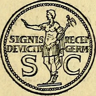 An illustration from Avgvstarvm imagines aereis formis expressae : vitae quoque carundem breuiter enarratae, signorum etiam, quae in posteriori parte numismatũ efficta sũt, ratio explicata, 1558, leaf 86