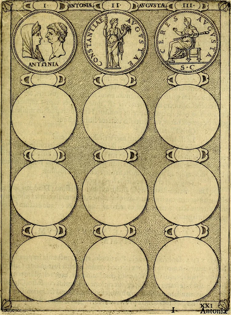 An illustration from Avgvstarvm imagines aereis formis expressae : vitae quoque carundem breuiter enarratae, signorum etiam, quae in posteriori parte numismatũ efficta sũt, ratio explicata, 1558, leaf 90