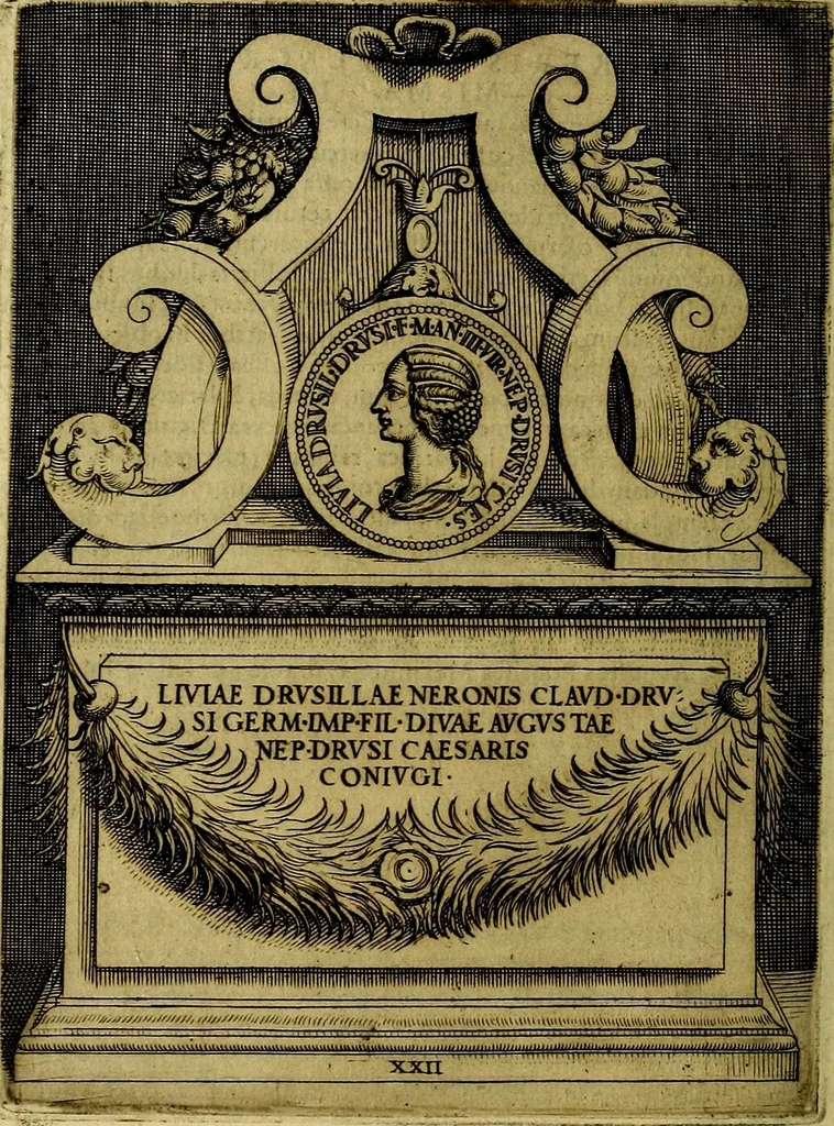 An illustration from Avgvstarvm imagines aereis formis expressae : vitae quoque carundem breuiter enarratae, signorum etiam, quae in posteriori parte numismatũ efficta sũt, ratio explicata, 1558, leaf 93