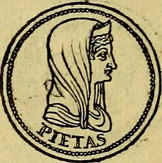 An illustration from Avgvstarvm imagines aereis formis expressae : vitae quoque carundem breuiter enarratae, signorum etiam, quae in posteriori parte numismatũ efficta sũt, ratio explicata, 1558, leaf 95