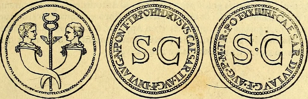 An illustration from Avgvstarvm imagines aereis formis expressae : vitae quoque carundem breuiter enarratae, signorum etiam, quae in posteriori parte numismatũ efficta sũt, ratio explicata, 1558, leaf 96