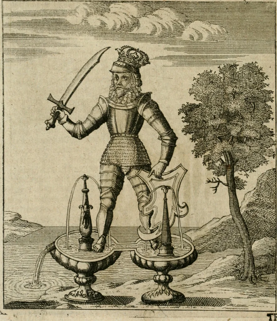 An illustration from Avrevm vellvs, oder, Guldin Schatz und Kunst-Kammer : darinnen der aller fürnemisten, fürtreffenlichsten, ausserlesenesten, herrlichisten und bewehrtesten Auctorum Schrifften und Bücher, aufs dem gar uralten Schatz der uberblibnen, verborgnen, hinderhaltenen Reliquien und Monumenten der Aegyptiorum, Arabum, Chaldaeorum & Assyriorum Königen und Weysen, 1708, leaf 189