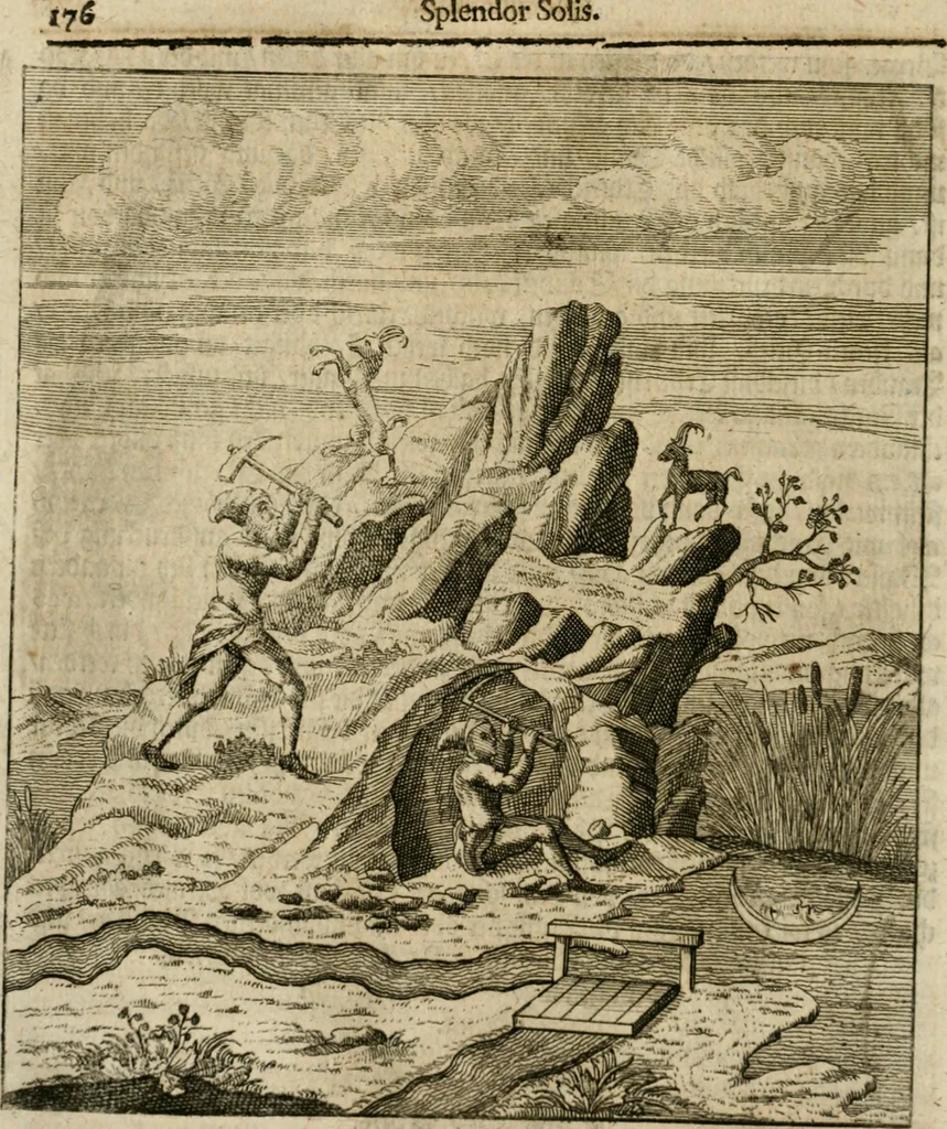 An illustration from Avrevm vellvs, oder, Guldin Schatz und Kunst-Kammer : darinnen der aller fürnemisten, fürtreffenlichsten, ausserlesenesten, herrlichisten und bewehrtesten Auctorum Schrifften und Bücher, aufs dem gar uralten Schatz der uberblibnen, verborgnen, hinderhaltenen Reliquien und Monumenten der Aegyptiorum, Arabum, Chaldaeorum & Assyriorum Königen und Weysen, 1708, leaf 195