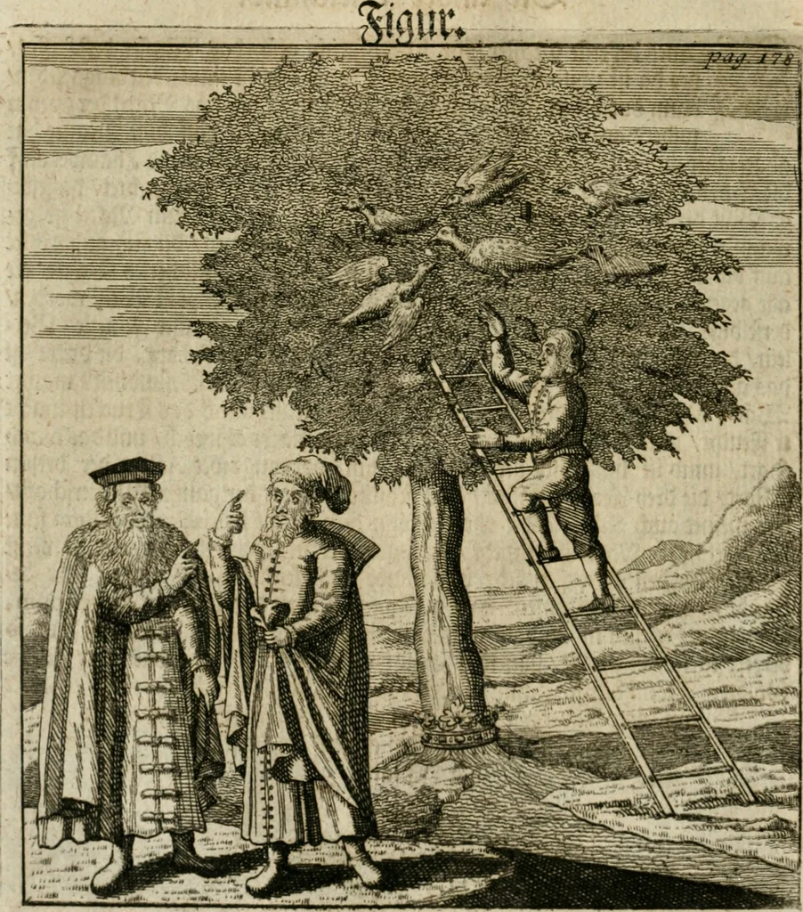 An illustration from Avrevm vellvs, oder, Guldin Schatz und Kunst-Kammer : darinnen der aller fürnemisten, fürtreffenlichsten, ausserlesenesten, herrlichisten und bewehrtesten Auctorum Schrifften und Bücher, aufs dem gar uralten Schatz der uberblibnen, verborgnen, hinderhaltenen Reliquien und Monumenten der Aegyptiorum, Arabum, Chaldaeorum & Assyriorum Königen und Weysen, 1708, leaf 197