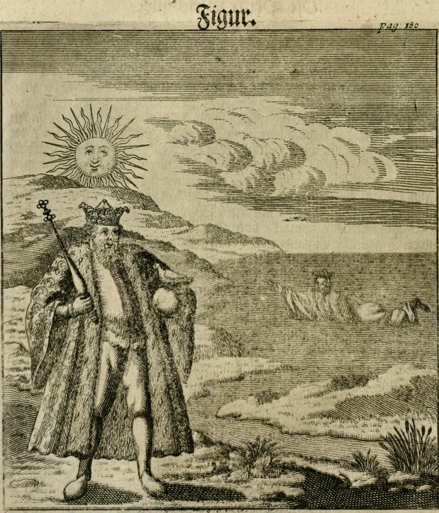 An illustration from Avrevm vellvs, oder, Guldin Schatz und Kunst-Kammer : darinnen der aller fürnemisten, fürtreffenlichsten, ausserlesenesten, herrlichisten und bewehrtesten Auctorum Schrifften und Bücher, aufs dem gar uralten Schatz der uberblibnen, verborgnen, hinderhaltenen Reliquien und Monumenten der Aegyptiorum, Arabum, Chaldaeorum & Assyriorum Königen und Weysen, 1708, leaf 199