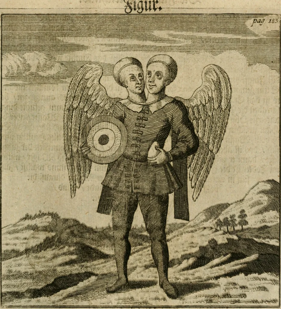 An illustration from Avrevm vellvs, oder, Guldin Schatz und Kunst-Kammer : darinnen der aller fürnemisten, fürtreffenlichsten, ausserlesenesten, herrlichisten und bewehrtesten Auctorum Schrifften und Bücher, aufs dem gar uralten Schatz der uberblibnen, verborgnen, hinderhaltenen Reliquien und Monumenten der Aegyptiorum, Arabum, Chaldaeorum & Assyriorum Königen und Weysen, 1708, leaf 202