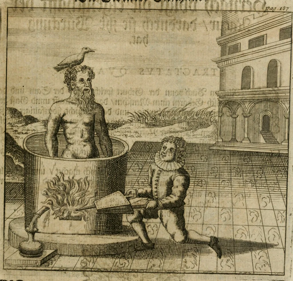 An illustration from Avrevm vellvs, oder, Guldin Schatz und Kunst-Kammer : darinnen der aller fürnemisten, fürtreffenlichsten, ausserlesenesten, herrlichisten und bewehrtesten Auctorum Schrifften und Bücher, aufs dem gar uralten Schatz der uberblibnen, verborgnen, hinderhaltenen Reliquien und Monumenten der Aegyptiorum, Arabum, Chaldaeorum & Assyriorum Königen und Weysen, 1708, leaf 206