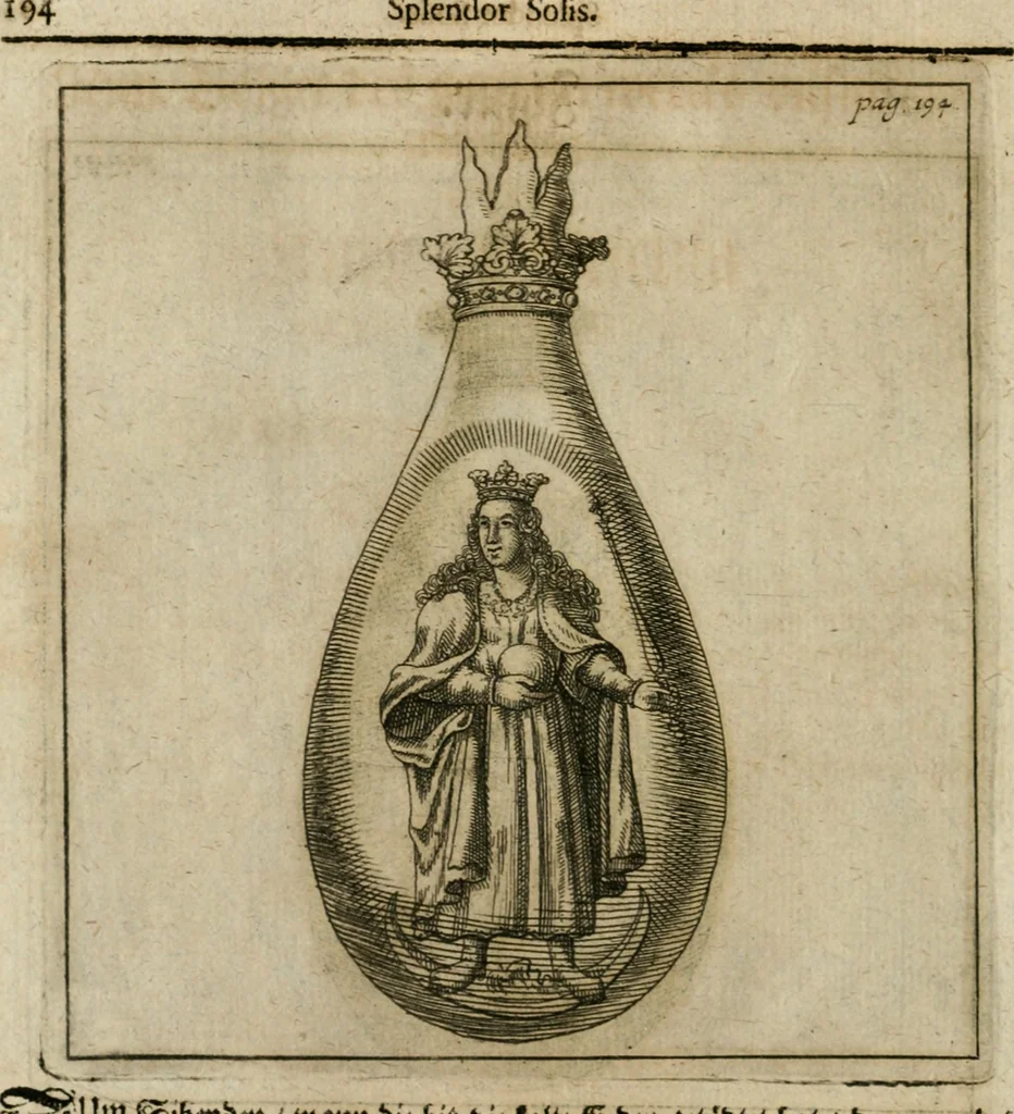 An illustration from Avrevm vellvs, oder, Guldin Schatz und Kunst-Kammer : darinnen der aller fürnemisten, fürtreffenlichsten, ausserlesenesten, herrlichisten und bewehrtesten Auctorum Schrifften und Bücher, aufs dem gar uralten Schatz der uberblibnen, verborgnen, hinderhaltenen Reliquien und Monumenten der Aegyptiorum, Arabum, Chaldaeorum & Assyriorum Königen und Weysen, 1708, leaf 213
