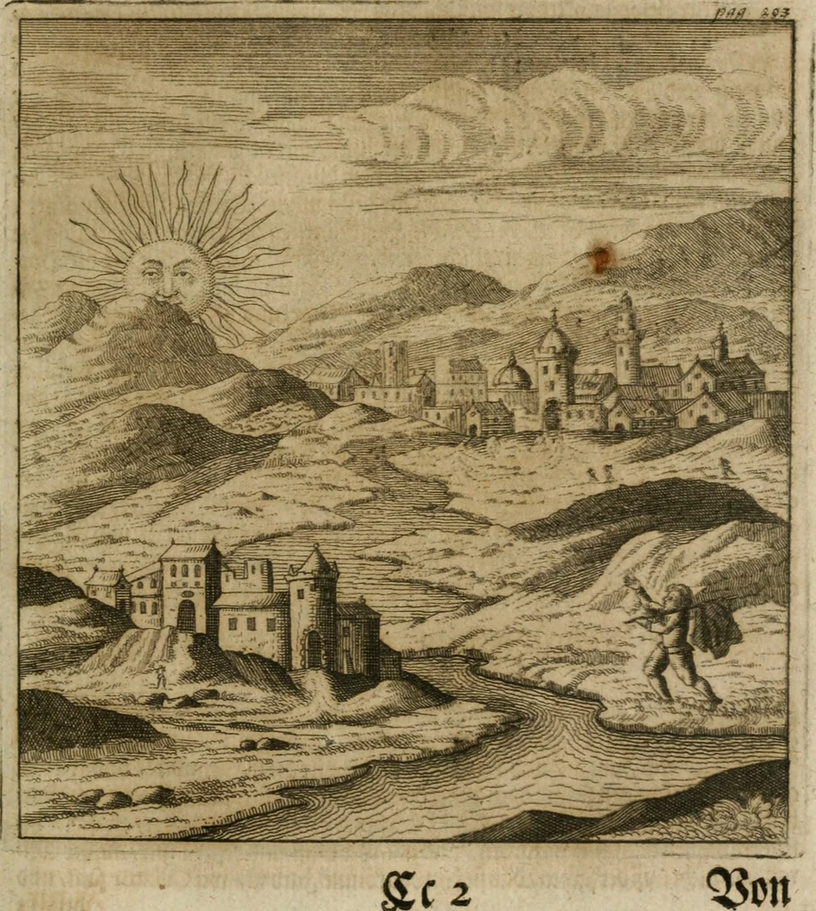 An illustration from Avrevm vellvs, oder, Guldin Schatz und Kunst-Kammer : darinnen der aller fürnemisten, fürtreffenlichsten, ausserlesenesten, herrlichisten und bewehrtesten Auctorum Schrifften und Bücher, aufs dem gar uralten Schatz der uberblibnen, verborgnen, hinderhaltenen Reliquien und Monumenten der Aegyptiorum, Arabum, Chaldaeorum & Assyriorum Königen und Weysen, 1708, leaf 222
