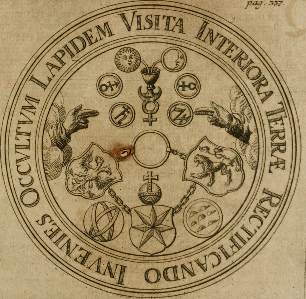 An illustration from Avrevm vellvs, oder, Guldin Schatz und Kunst-Kammer : darinnen der aller fürnemisten, fürtreffenlichsten, ausserlesenesten, herrlichisten und bewehrtesten Auctorum Schrifften und Bücher, aufs dem gar uralten Schatz der uberblibnen, verborgnen, hinderhaltenen Reliquien und Monumenten der Aegyptiorum, Arabum, Chaldaeorum & Assyriorum Königen und Weysen, 1708, leaf 356
