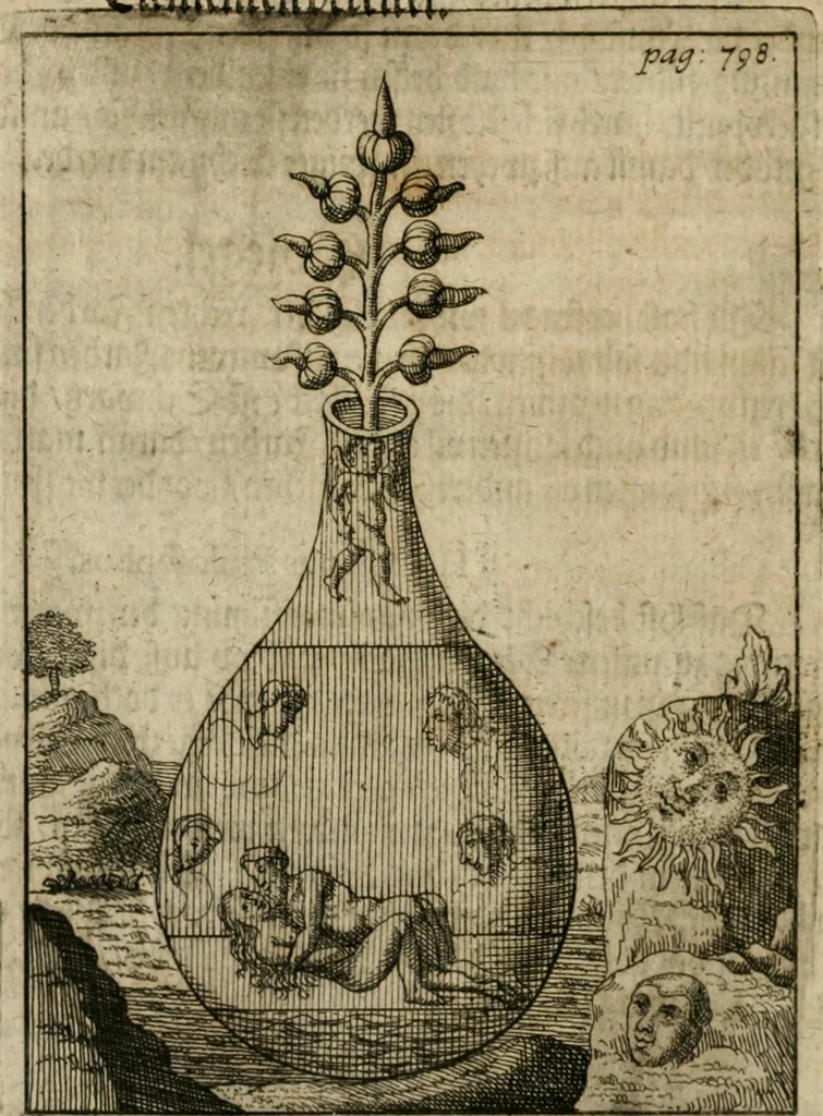 An illustration from Avrevm vellvs, oder, Guldin Schatz und Kunst-Kammer : darinnen der aller fürnemisten, fürtreffenlichsten, ausserlesenesten, herrlichisten und bewehrtesten Auctorum Schrifften und Bücher, aufs dem gar uralten Schatz der uberblibnen, verborgnen, hinderhaltenen Reliquien und Monumenten der Aegyptiorum, Arabum, Chaldaeorum & Assyriorum Königen und Weysen, 1708, leaf 817
