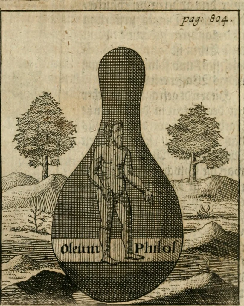 An illustration from Avrevm vellvs, oder, Guldin Schatz und Kunst-Kammer : darinnen der aller fürnemisten, fürtreffenlichsten, ausserlesenesten, herrlichisten und bewehrtesten Auctorum Schrifften und Bücher, aufs dem gar uralten Schatz der uberblibnen, verborgnen, hinderhaltenen Reliquien und Monumenten der Aegyptiorum, Arabum, Chaldaeorum & Assyriorum Königen und Weysen, 1708, leaf 823