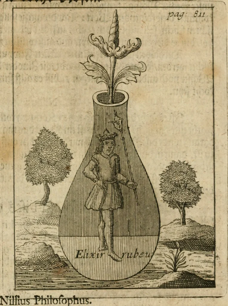 An illustration from Avrevm vellvs, oder, Guldin Schatz und Kunst-Kammer : darinnen der aller fürnemisten, fürtreffenlichsten, ausserlesenesten, herrlichisten und bewehrtesten Auctorum Schrifften und Bücher, aufs dem gar uralten Schatz der uberblibnen, verborgnen, hinderhaltenen Reliquien und Monumenten der Aegyptiorum, Arabum, Chaldaeorum & Assyriorum Königen und Weysen, 1708, leaf 830