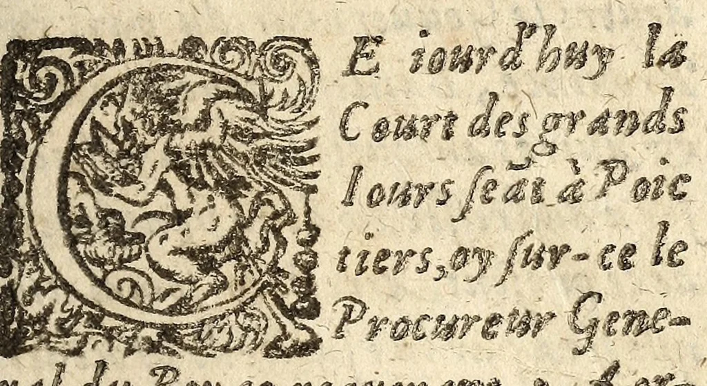An illustration from Avtre arrest donné en la Covrt des Grandz Iovrs seant en la ville de Poictiers. Contre les deffaillans & contumax condemnez à mort., 1579, leaf 19