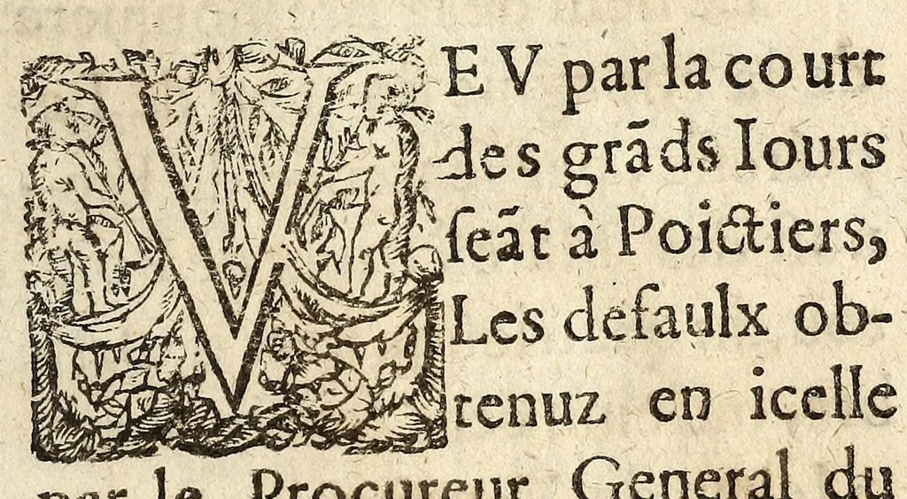 An illustration from Avtre arrest donné en la Covrt des Grandz Iovrs seant en la ville de Poictiers. Contre les deffaillans & contumax condemnez à mort., 1579, leaf 3