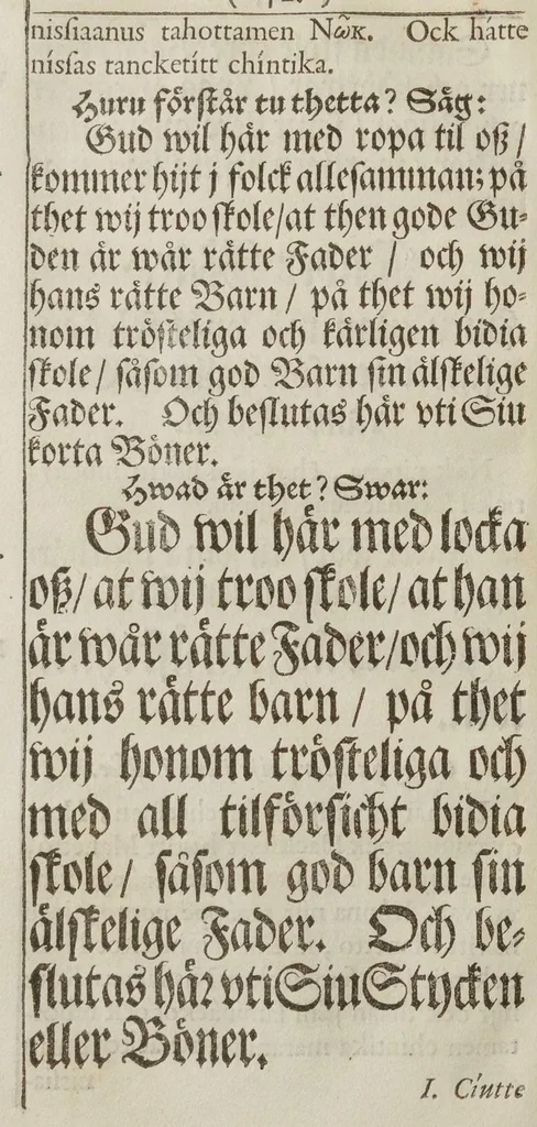 An illustration from Lutheri Catechismus öfwersatt på American-Virginiske språket, 1696, leaf 67