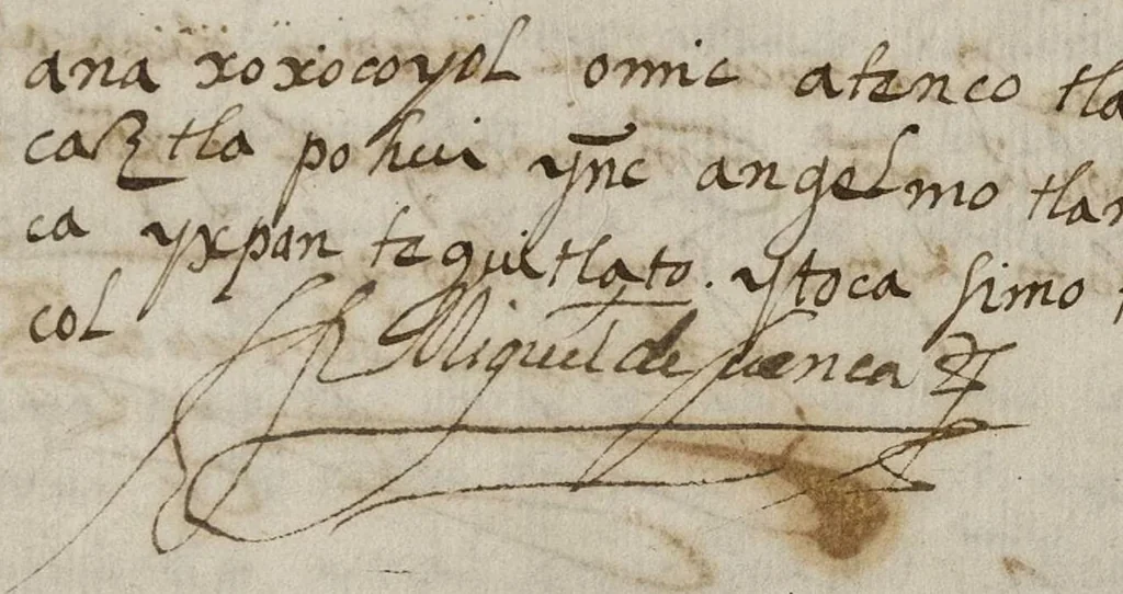An illustration from Libro donde se asientan los que se mueren en este pueblo de Tepexic desde marc̦o de 1605 en adelante, 1605, leaf 77