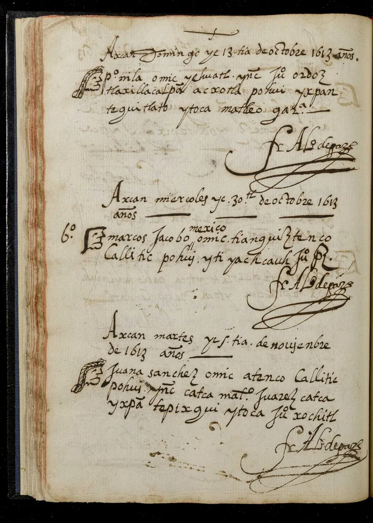 An illustration from Libro donde se asientan los que se mueren en este pueblo de Tepexic desde marc̦o de 1605 en adelante, 1605, leaf 85