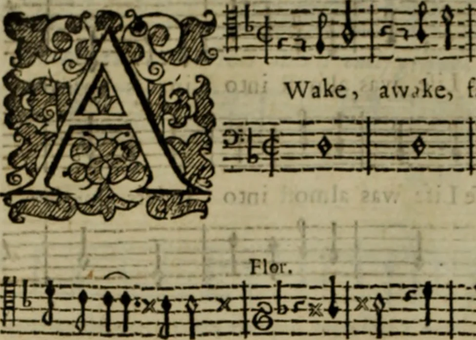 An illustration from Ayres and dialogues, : for one, two, and three voyces, 1653, leaf 195