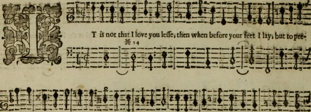 An illustration from Ayres and dialogues, : for one, two, and three voyces, 1653, leaf 43