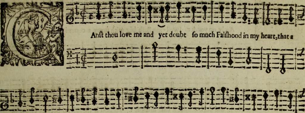 An illustration from Ayres and dialogues, : for one, two, and three voyces, 1653, leaf 44