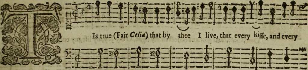 An illustration from Ayres and dialogues, : for one, two, and three voyces, 1653, leaf 50