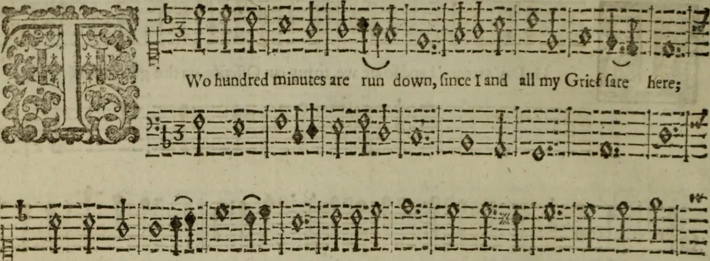 An illustration from Ayres and dialogues, : for one, two, and three voyces, 1653, leaf 55