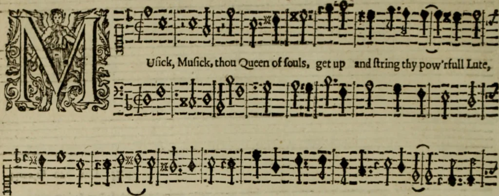 An illustration from Ayres and dialogues, : for one, two, and three voyces, 1653, leaf 71
