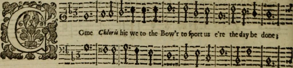 An illustration from Ayres and dialogues, : for one, two, and three voyces, 1653, leaf 73