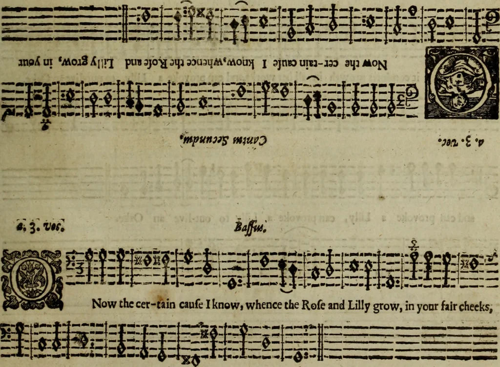 An illustration from Ayres and dialogues, : for one, two, and three voyces, 1653, leaf 78